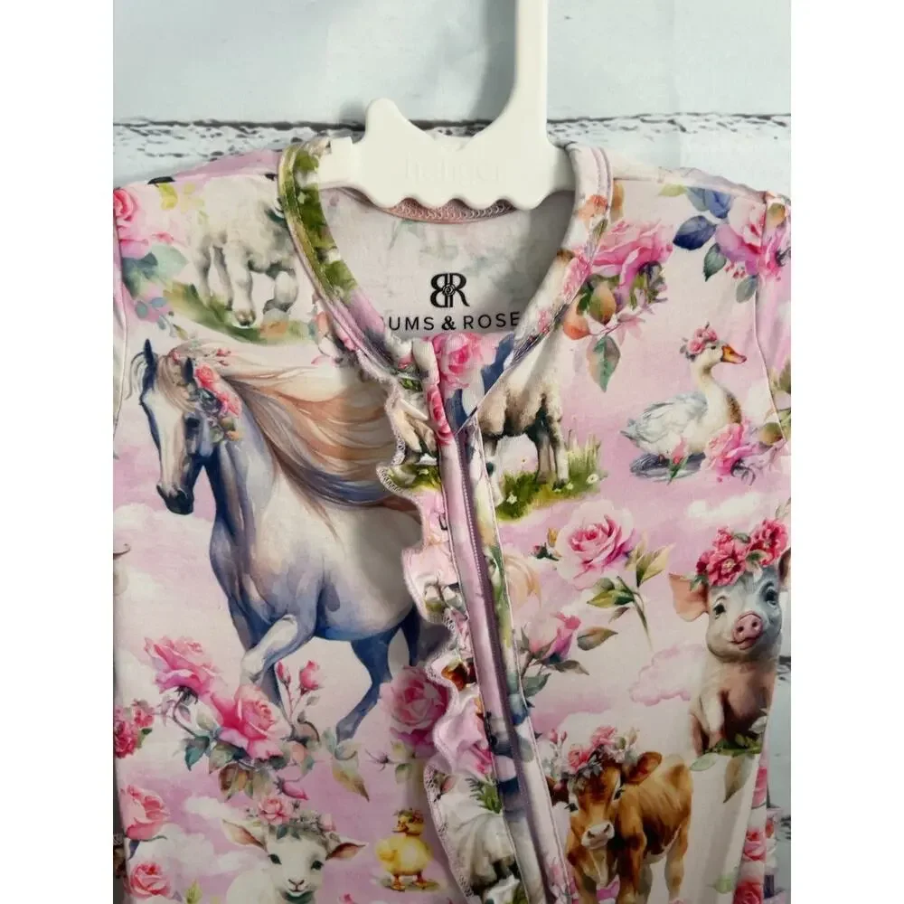 Bums & Roses Hay Girl Hay 9-12M Bamboo Ruffle Footie Farm Animals Floral